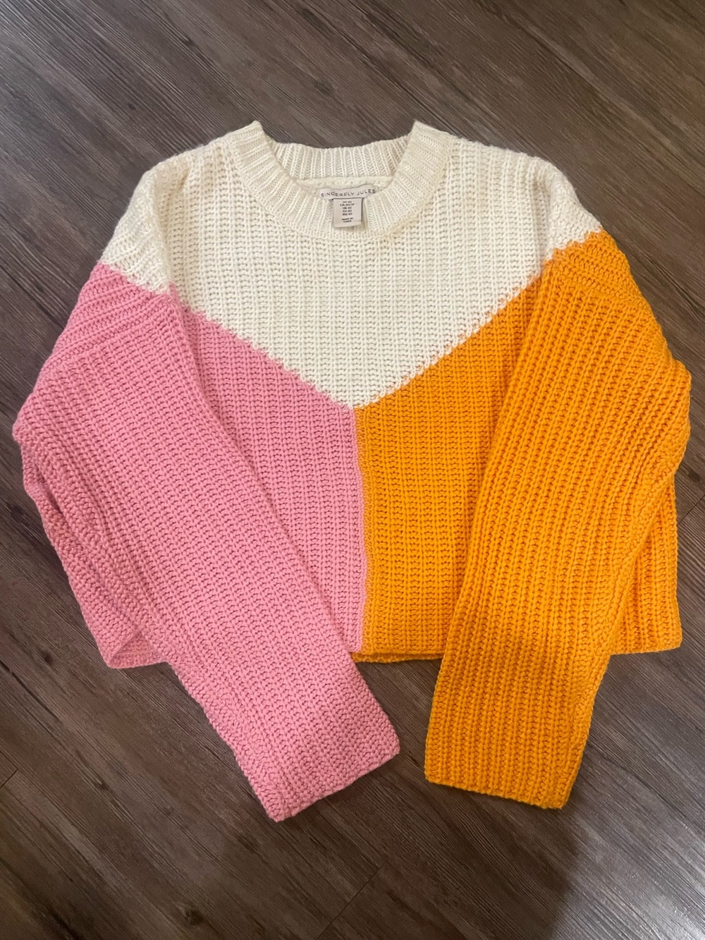 Sincerely Jules Colorblock Crewneck Sweater — Cream, Pink & Orange